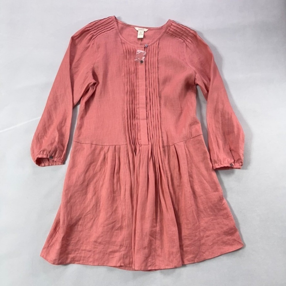 Sundance Linen Dress XL Coral Pintuck Drop-Waist Long Sleeve Side Seam Pockets - Picture 7 of 12